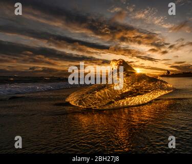 Islanda, pezzo di ghiaccio che giace sulla riva di Jokulsarlon al tramonto drammatico Foto Stock