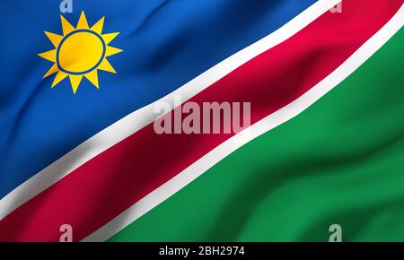 Bandiera della Namibia che soffia nel vento. Pagina intera bandiera di volo della Namibia. Illustrazione 3D. Foto Stock