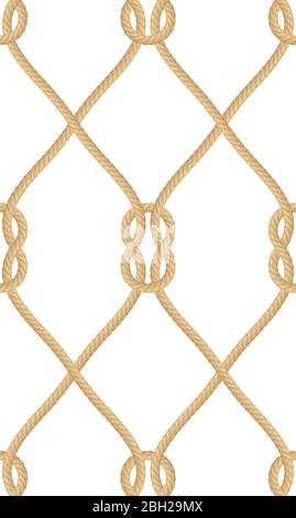 Disegno senza cuciture di nodo di corda nautica realistico isolato su bianco. Texture per prodotti da stampa o tessili, carta da imballaggio. EPS 10 Illustrazione Vettoriale