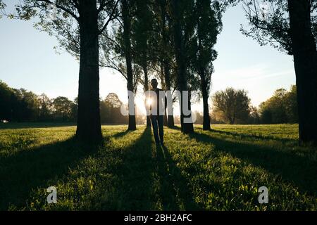 Silhouette di uomo che cammina in un parco all'alba Foto Stock