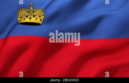 Bandiera del Liechtenstein che soffia nel vento. Bandiera di bandiera del Liechtenstein a pagina intera. Illustrazione 3D. Foto Stock