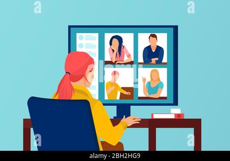 Vettore di un gruppo di persone che hanno una videochiamata in conferenza sullo schermo del computer che prende con i colleghi. Illustrazione Vettoriale