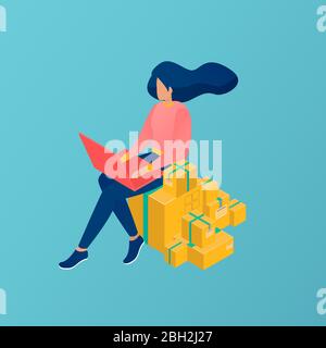Vettore di una giovane donna che lavora su notebook che vende prodotti online. Illustrazione Vettoriale