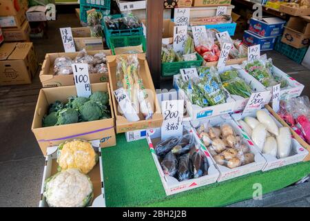 Molti tipi di verdure sono stati venduti con il suo prezzo in yen giapponese. Kamakura , Giappone Febbraio 11,2020 Foto Stock