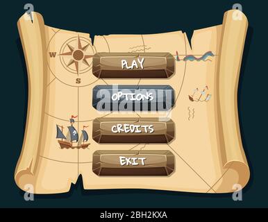 Pulsanti di stile cartoni animati vettoriali con testo per il disegno del gioco su sfondo scorrimento mappa del tesoro. Illustrazione della pirata di interfaccia Illustrazione Vettoriale