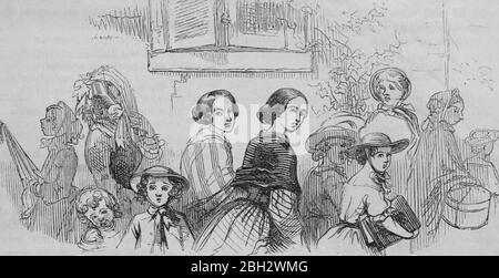 Illustrazione da Harper's New Monthly Magazine, Volume 21, con un gruppo di donne e bambini che indossano cappelli e cappe, camminando per la strada, pubblicato da Harper e Fratelli Publishers, 1860. Archivio Internet di cortesia. ()