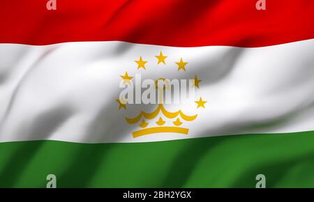 Bandiera del Tagikistan che soffia nel vento. Bandiera di bandiera di bandiera di Tajik a pagina intera. Illustrazione 3D. Foto Stock