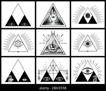 Tutti gli occhi di vista nel triangolo delta. Icona piramide e massoneria. Tutti gli occhi di vedere all'interno della piramide triangolare. Illustrazione Vettoriale
