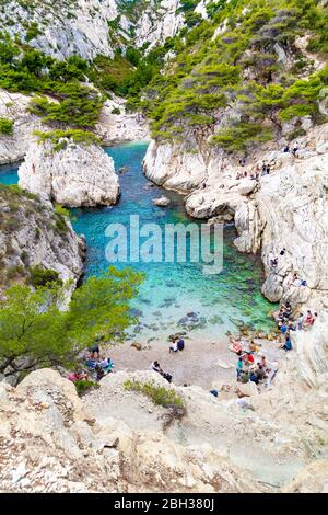 Spiaggia di Calanque de Sugiton al Parco Nazionale delle Calanques (Parc National des Calanques), Francia Foto Stock