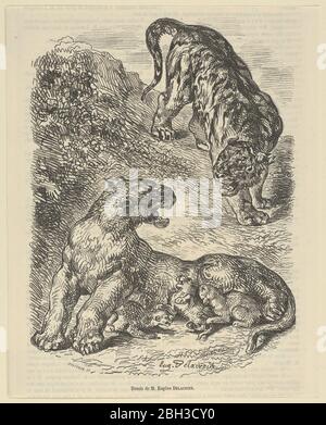 Tigress attaccato da una tigre mentre allattando il suo giovane, 1853. Foto Stock