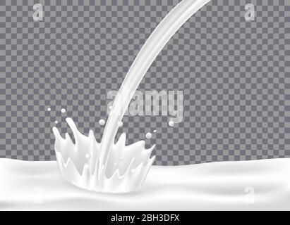 Latte con spruzzi isolati su fondo trasparente. Yogurt bianco con gocce di latte realistiche per un design accattivante. Illustrazione vettoriale 3d Illustrazione Vettoriale