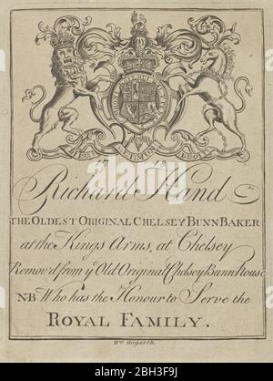 Carta commerciale di Richard Hand, il più antico panettiere Chelsey Bunn originale, 1718. Foto Stock