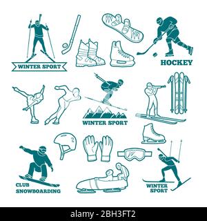 Biathlon, slitta, sci e altri sport invernali illustrazioni monocromatiche. Simboli per etichette e logo. Vettore di sci e snowboard per lo sport invernale Illustrazione Vettoriale