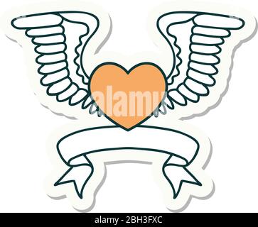 adesivo in stile tatuaggio con banner di un cuore con ali Illustrazione Vettoriale