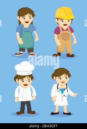 Lavoratori e professionisti in uniforme. Illustrazione vettoriale in stile cartoon isolata su sfondo blu chiaro. Illustrazione Vettoriale