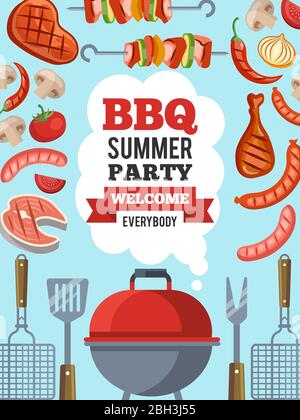 Modello di disegno dell'invito per la festa del barbecue. Poster vettoriale invito a una carta barbecue con posto per la vostra illustrazione di testo Illustrazione Vettoriale