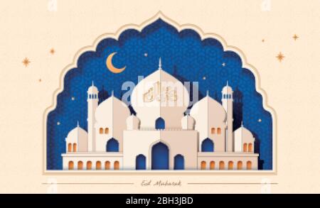 White paper arte moschea su sfondo geometrico blu a forma di arco, Eid mubarak calligrafia sulla cupola della cipolla che significa festa Beata Illustrazione Vettoriale
