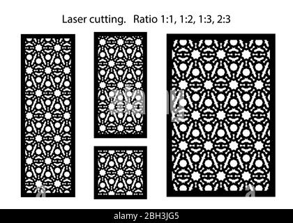 Set di pannelli decorativi vettoriali con taglio laser. Design Jali, arredamento cnc, design di interni a parete. Taglio laser arabo islamico. Illustrazione Vettoriale