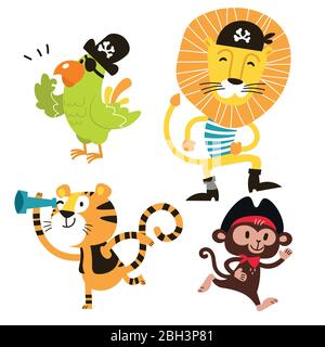 Set di vettori animali. Fumetto scimmia, pappagallo, tigre, leone pirata. Illustrazione Vettoriale