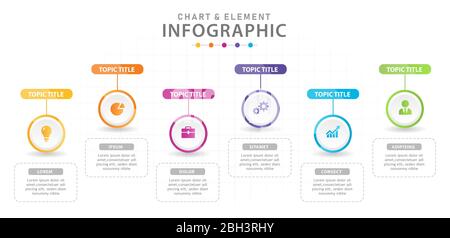 Modello infografico per le aziende. 6 passi elemento grafico moderno con cerchi, infografica vettoriale di presentazione. Illustrazione Vettoriale