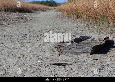 la vecchia barca affondata appare in un letto del fiume che si è asciugato a causa della siccità Foto Stock