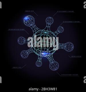 Sci fi Molecule Shape Interface screen futuristico HUD bar della nave spaziale. Virus, batteri, microbi struttura atomi forma e segno genetica illustrat Foto Stock