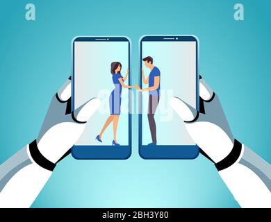 Concetto di app di incontri online. Vettore di un robot mani che tengono due smartphone che collegano giovane coppia tramite socila media platform Illustrazione Vettoriale