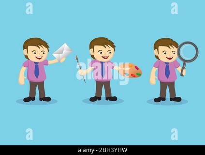 Illustrazione vettoriale di un uomo di cartone animato che tiene diversi strumenti in diversi lavori Illustrazione Vettoriale