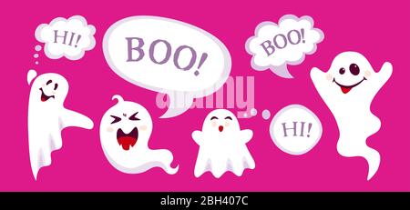 Happy Halloween banner vuoto con fantasma e fumetto a fumetti. Modello di sfondo per le feste, modello a fumetti vuoto. Fantasma sfondo paura banner, sfondo. Elementi di progettazione vettoriale Illustrazione Vettoriale