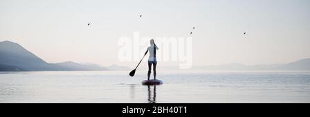 Immagine di una giovane donna che pagaia a bordo su un tranquillo mare mattutino. Vista posteriore. Foto Stock