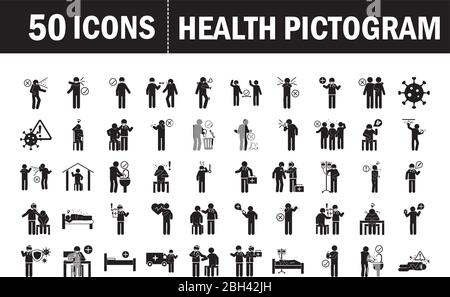 coronavirus covid 19, pittogramma salute, prevenzione, sintomi, icone mediche impostare illustrazione vettoriale, icona stile silhouette Illustrazione Vettoriale