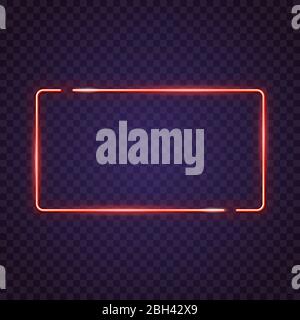 Luce al neon, cartello quadrato. Segno al neon brillante di grande segno o banner. Modello per banner al neon luminoso su sfondo trasparente. Rettangolo luminoso in rosso n Illustrazione Vettoriale