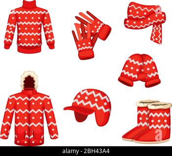 Vestiti a natale stile di festa. Illustrazioni vettoriali per la stagione invernale. Abbigliamento sciarpa e maglione, abbigliamento invernale a maglia Mitten Illustrazione Vettoriale