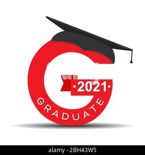 Stilizzata la lettera G con l'iscrizione Graduate 2021 e la calotta graduata. Semplice disegno di stock isolato su uno sfondo bianco per il disegno e la decorazione Illustrazione Vettoriale