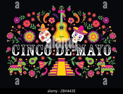 Cinco de Mayo-5 maggio vettore banner tipografico. Messico disegno per fiesta carte o festa invito, poster. Fiori tradizionale messicana con Illustrazione Vettoriale