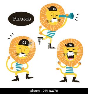 Animali africani. Fumetto simpatico pirata del Leone. Illustrazione Vettoriale