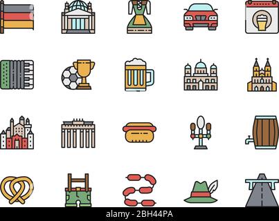 Set di icone a colori piatti della cultura tedesca. Autostrada, Oktoberfest, fisarmonica e molto altro ancora Illustrazione Vettoriale