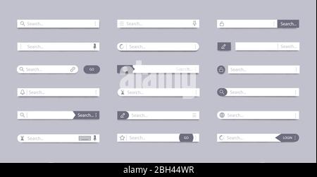 Barra di ricerca. Campo di ricerca degli indirizzi, navigazione dell'interfaccia utente della barra di interfaccia, concetto Web con caselle di testo TAB, elementi della pagina della barra mobile Set di simboli vettoriali. Internet Illustrazione Vettoriale