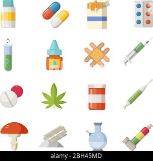 Illustrazioni della farmacia. Diversi farmaci in stile cartone animato. Narcotici e antidolorifico in contenitore, vettore antibiotico in compressa Illustrazione Vettoriale