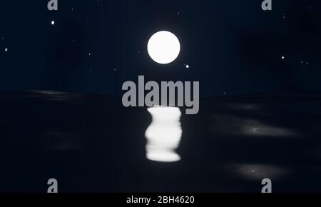 Rendering 3D del cielo notturno scuro con stelle luminose e una luna piena brillante con un riflesso sull'oceano nero. L'illustrazione è in stile cartoon. Sta Foto Stock