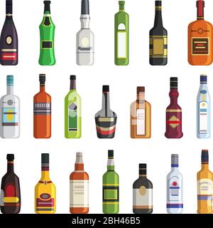 Liquore, whisky, vodka e altre bottiglie di bevande alcoliche. Immagini vettoriali in stile piatto. Bottiglia di vodka e whisky, liquore e vino illus Illustrazione Vettoriale