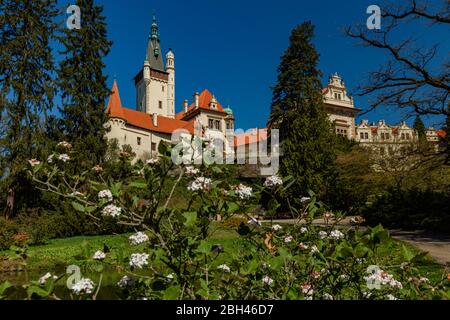 Pruhonice / Repubblica Ceca - Aprile 20 2020: Vista panoramica di un castello in piedi su una collina in una giornata di primavera soleggiata con cielo blu brillante. Bush e fiore bianco Foto Stock