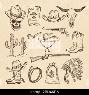 Simboli occidentali. Cowboy, pistole, salone e altre foto selvagge dell'ovest. Immagini vettoriali disegnate a mano. Concetto selvaggio West, fucile e cranio, cactus Illustrazione Vettoriale