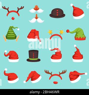 Cappelli di diversi personaggi di natale. Cap di santa, elfo e snowman. Illustrazioni vettoriali in stile cartoon. Cappello di babbo natale e cappello di natale elfo an Illustrazione Vettoriale