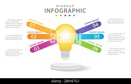 Modello infografico per le aziende. 6 passi moderno diagramma mindmap con lampadina, presentazione di un vettore infografica. Illustrazione Vettoriale