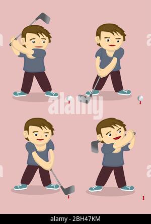 Ragazzo personaggio Cartoon imparare a swing ferro golf club e colpire palla da golf. Illustrazione vettoriale isolata su sfondo color pesca. Illustrazione Vettoriale