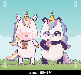 kawaii unicorno e panda con tazza di caffè e gelato in erba cartoon fantasia vettore illustrazione Illustrazione Vettoriale