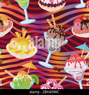 Modello senza giunture, tazze e bicchieri, gelato alla crema con frutti di bosco, cialde, dadi e sciroppo dolce sullo sfondo con profilo bianco pittogrammi. Vettore Illustrazione Vettoriale