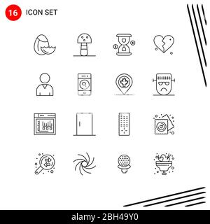 Set di 16 icone moderne dell'interfaccia utente simboli per telefono, risorse, caricamento, umano, elementi di progettazione vettoriale heart-editable Illustrazione Vettoriale