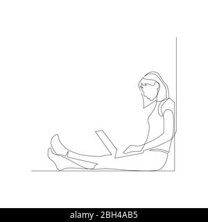 Donna continua con un notebook seduto sul pavimento appoggiato a una parete. Illustrazione vettoriale. Illustrazione Vettoriale